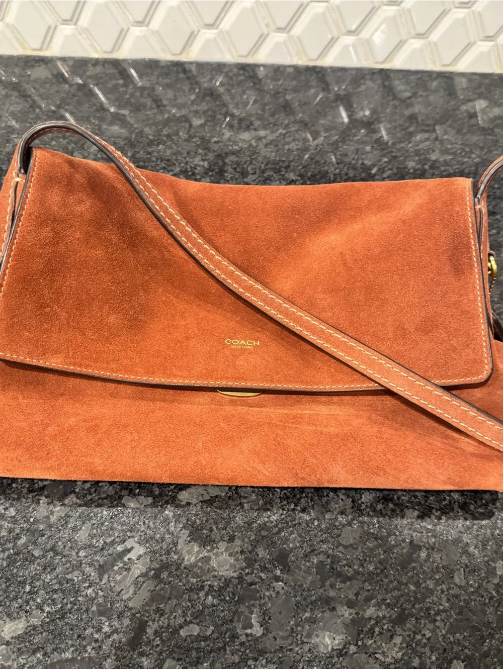 COACH Chelsea 30 in clay suede shoulder bag with gold hardware